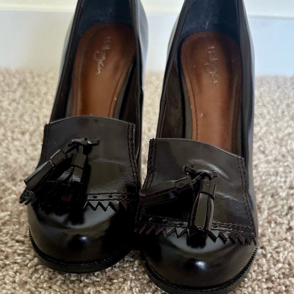 Halogen Dark Brown Leather Heels with Tassels